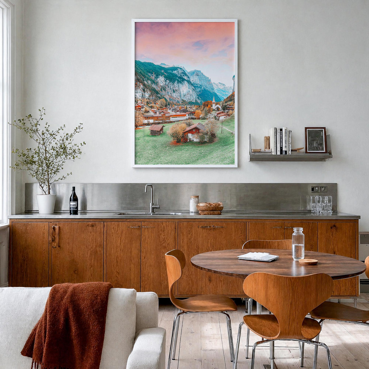 Lauterbrunnen no. 1 colorful photo poster of Switzerland – vertical wall art in white wood frame, hanging on wall
