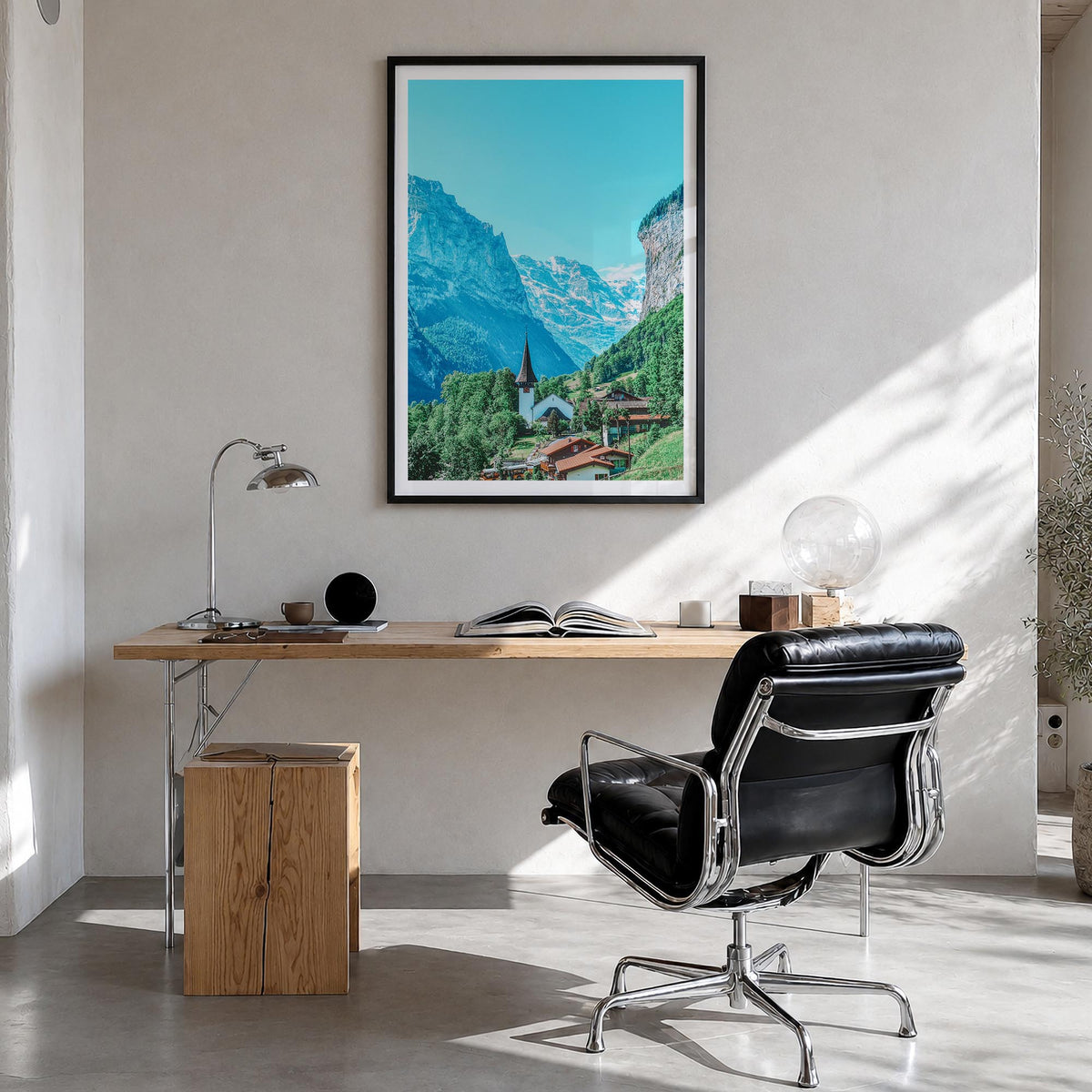Lauterbrunnen no. 2 colorful photo poster of Switzerland – vertical wall art in black wood frame with white border, hanging o
