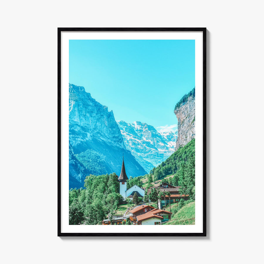Lauterbrunnen no. 2 colorful photo poster of Switzerland – vertical wall art, unframed print shown in interior mockup