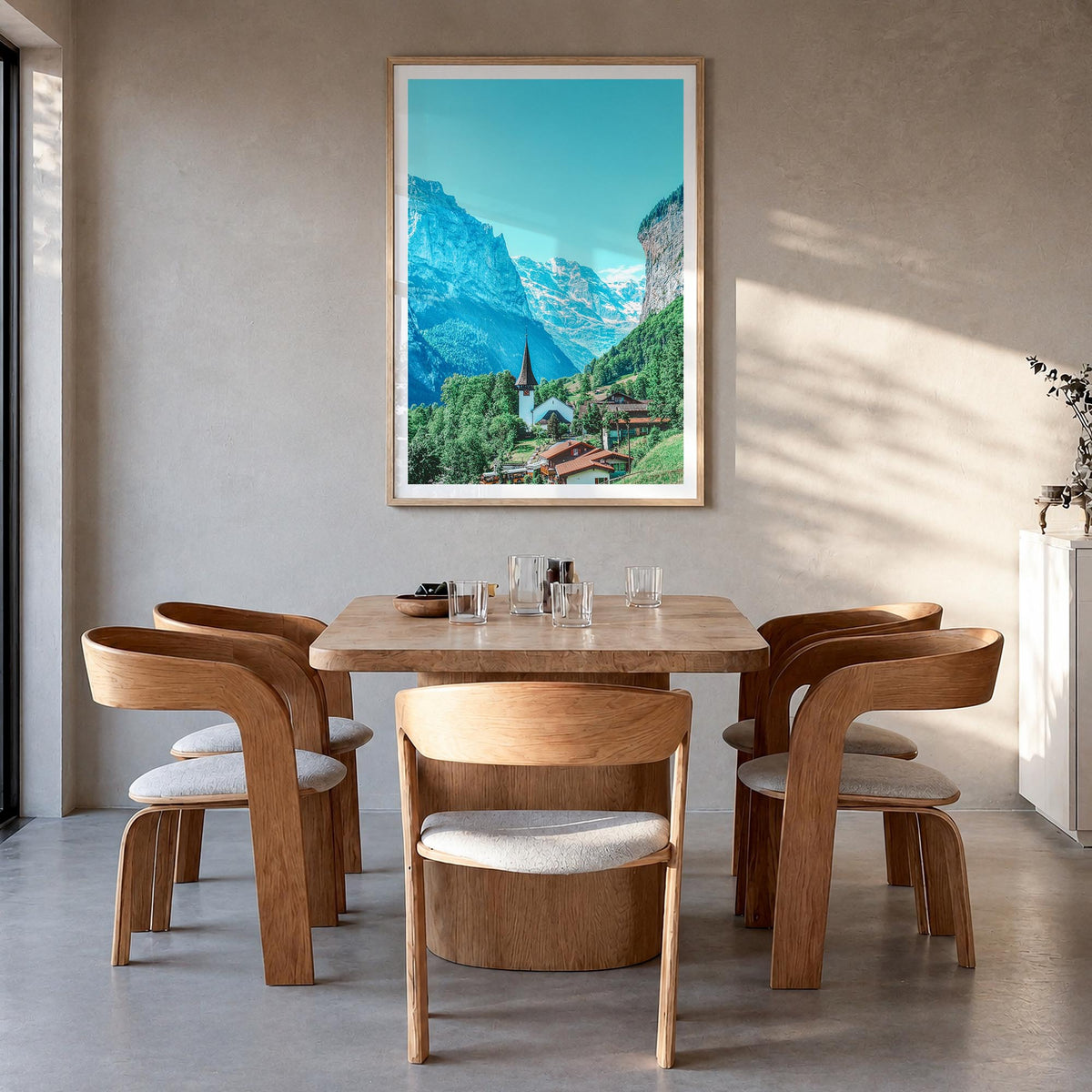 Lauterbrunnen no. 2 colorful photo poster of Switzerland – vertical wall art in natural wood frame with white border, hanging