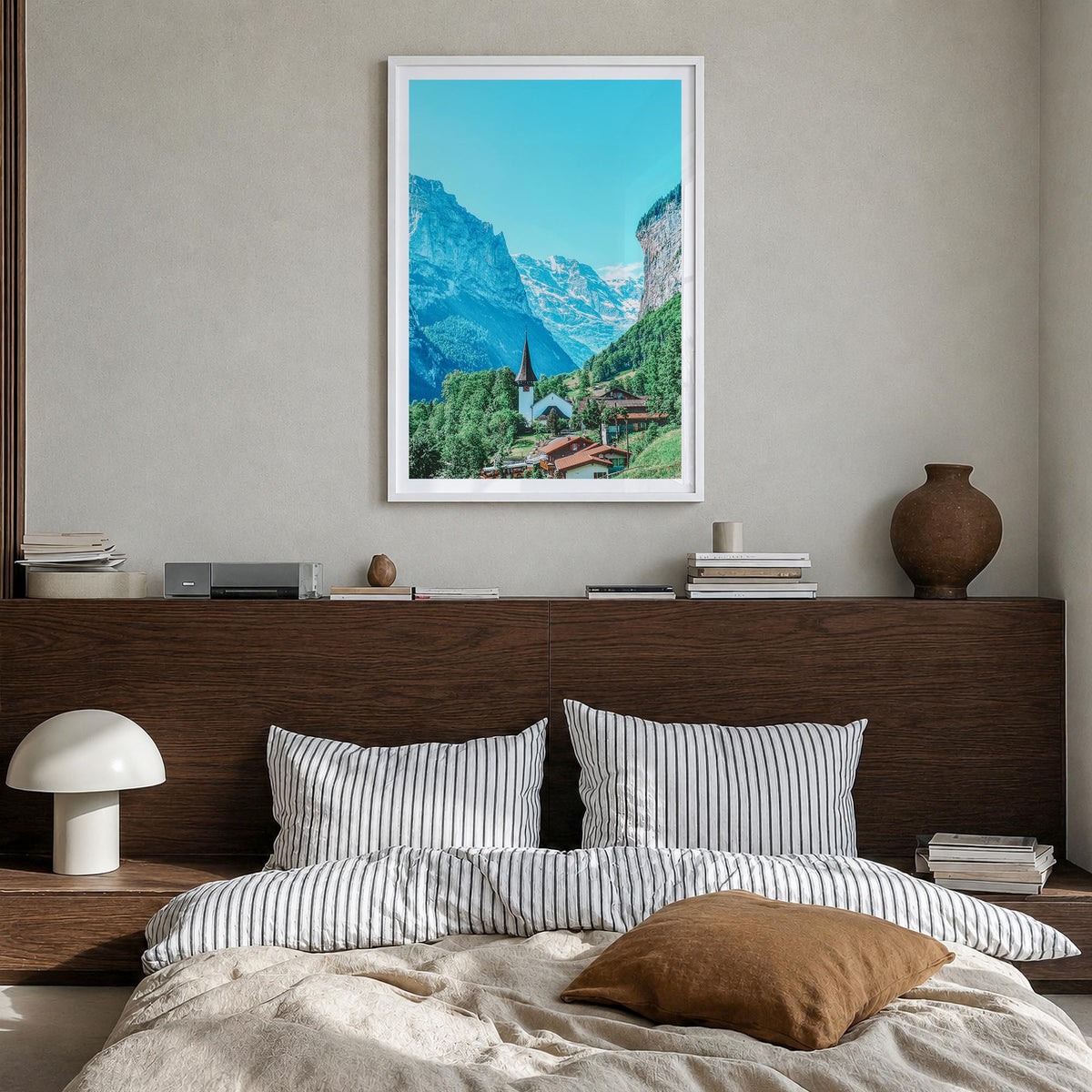 Lauterbrunnen no. 2 colorful photo poster of Switzerland – vertical wall art in white wood frame with white border, hanging o