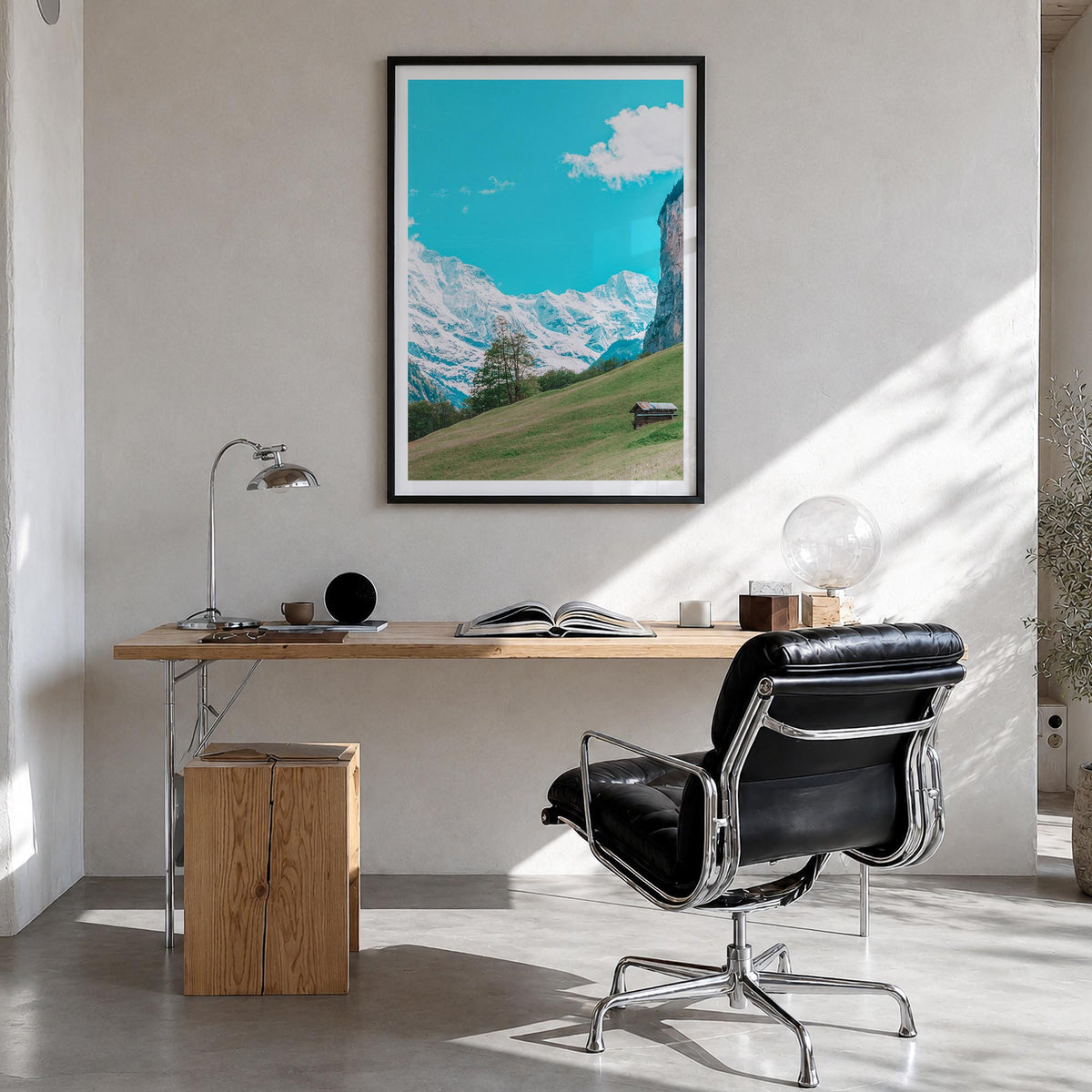 Lauterbrunnen no. 3 colorful photo poster of Switzerland – vertical wall art in black wood frame with white border, hanging o