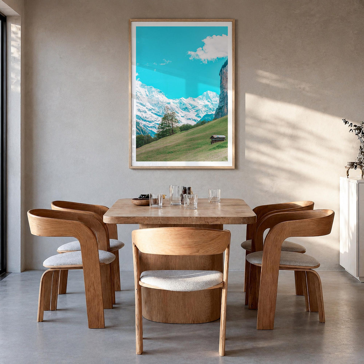 Lauterbrunnen no. 3 colorful photo poster of Switzerland – vertical wall art in natural wood frame with white border, hanging