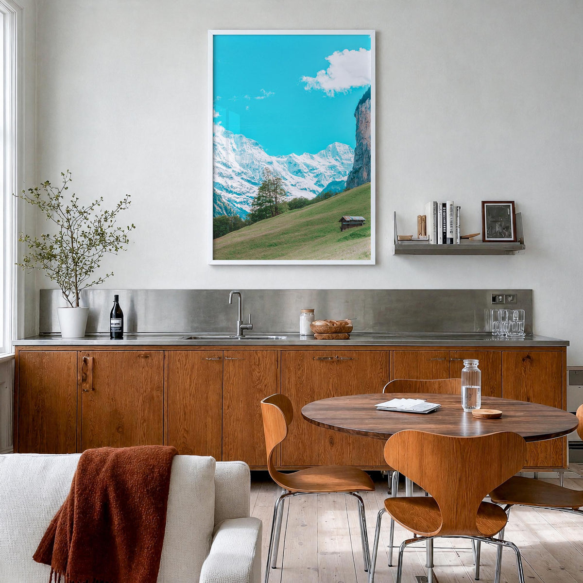 Lauterbrunnen no. 3 colorful photo poster of Switzerland – vertical wall art in white wood frame, hanging on wall