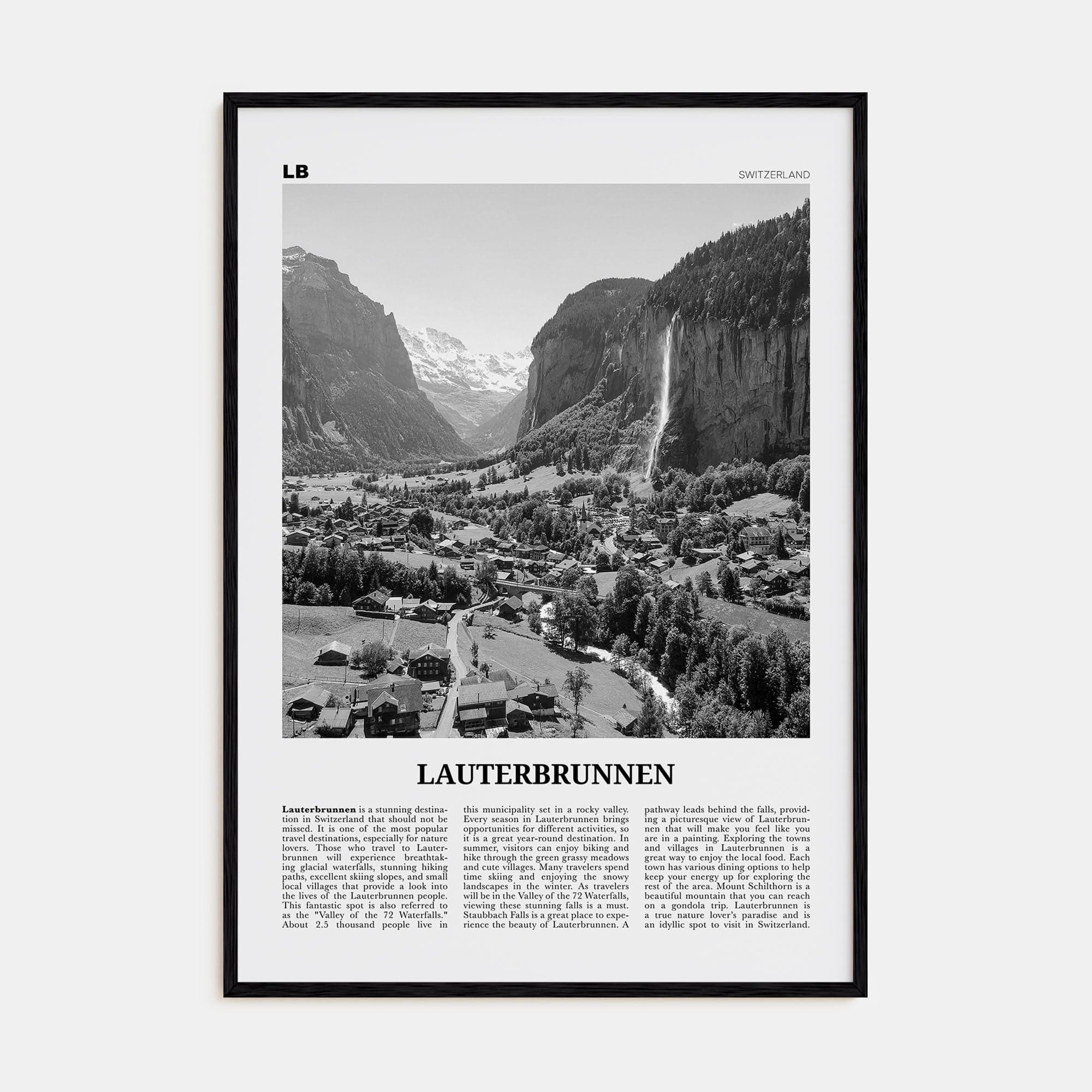 Lauterbrunnen Poster Black Wood / 8x12 in Nbourhood Travel B&W Poster