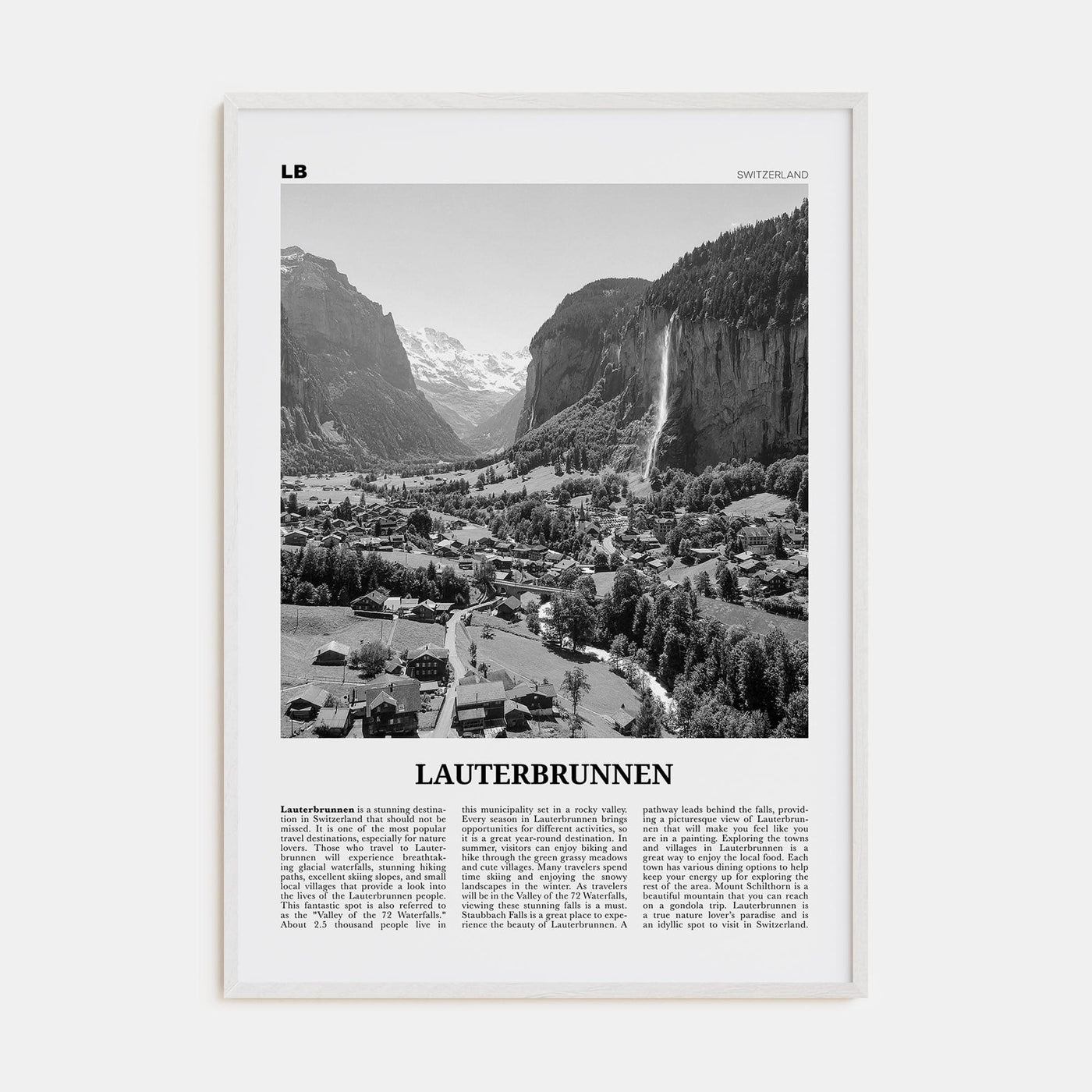 Lauterbrunnen Poster White Wood / 8x12 in Nbourhood Travel B&W Poster