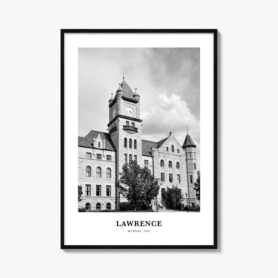 Lawrence, Kansas black & white classic poster of Kansas, USA – vertical wall art, unframed print shown in interior mockup