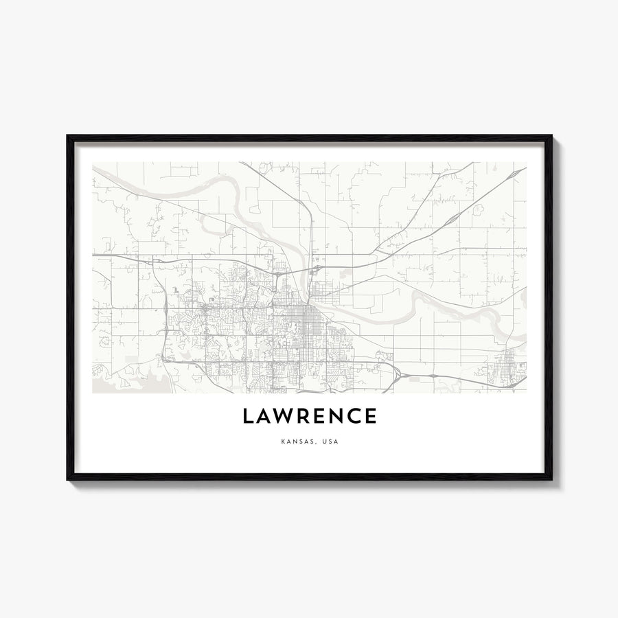 Lawrence, Kansas black & white map poster of Kansas, USA – horizontal wall art, unframed print shown in interior mockup