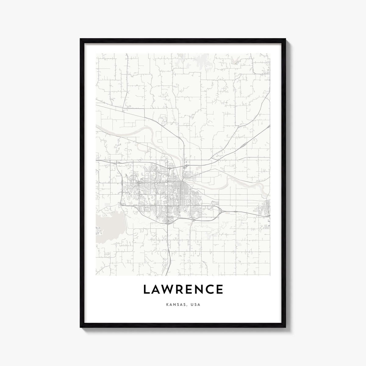 Lawrence, Kansas black & white map poster of Kansas, USA – vertical wall art, unframed print shown in interior mockup