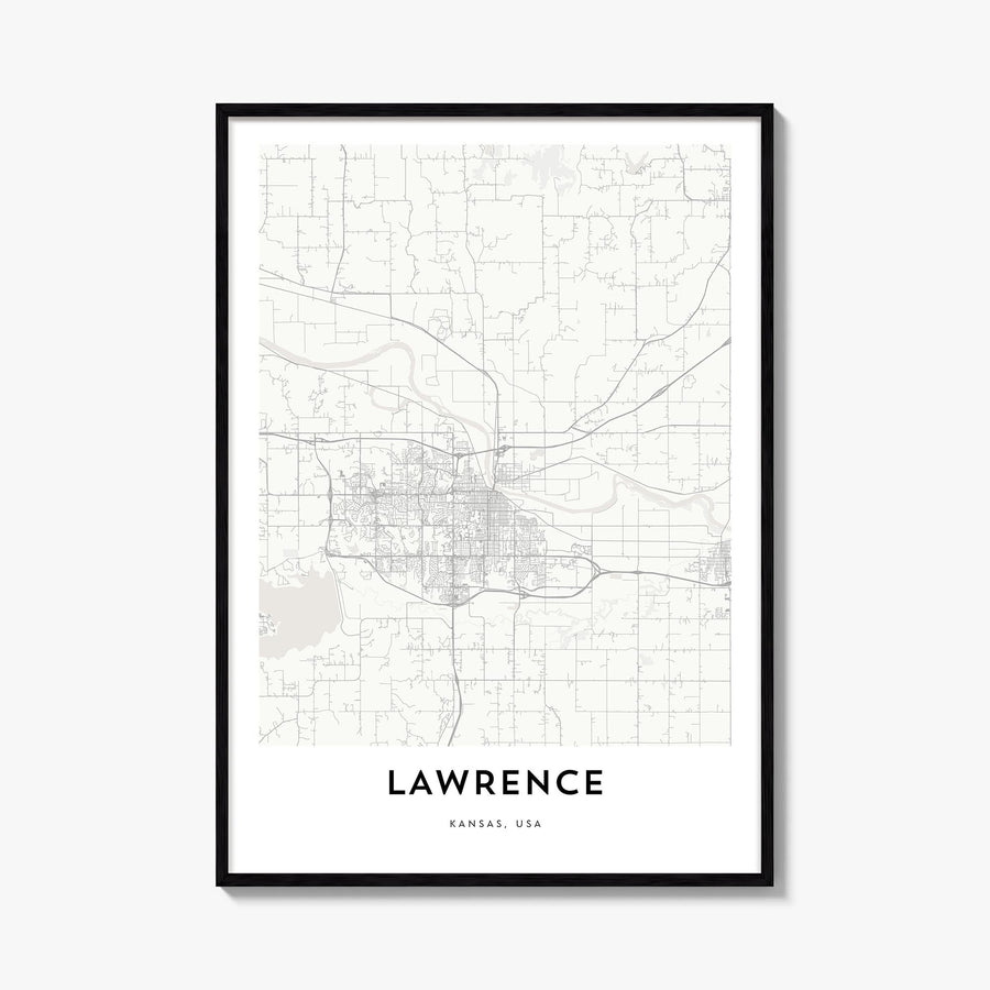 Lawrence, Kansas black & white map poster of Kansas, USA – vertical wall art, unframed print shown in interior mockup