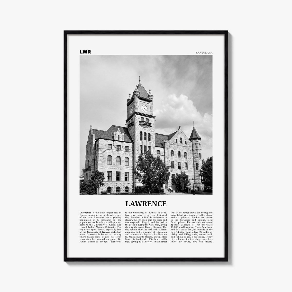 Lawrence, Kansas black & white newspaper poster of Kansas, USA – vertical wall art, unframed print shown in interior mockup