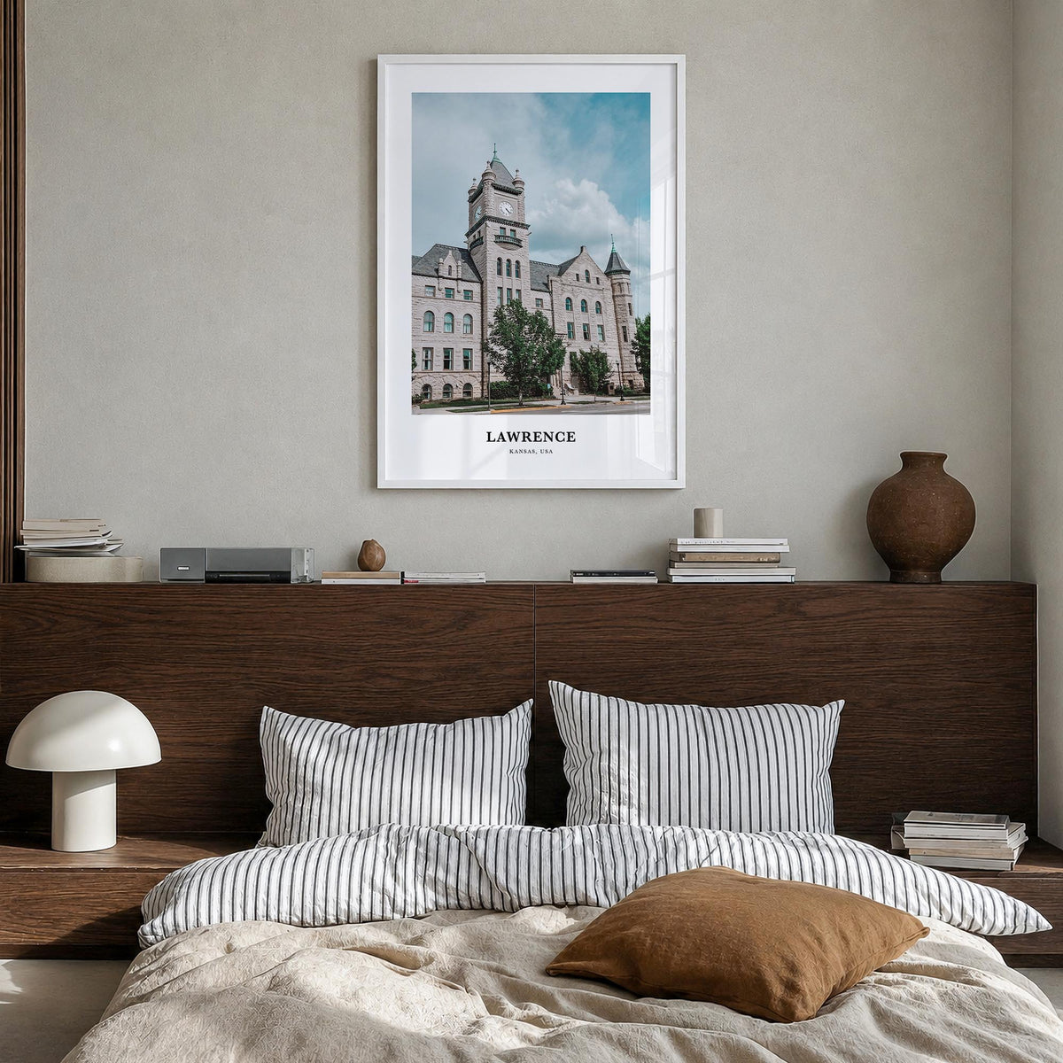 Lawrence, Kansas colorful classic poster of Kansas, USA – vertical wall art in white wood frame, hanging on wall