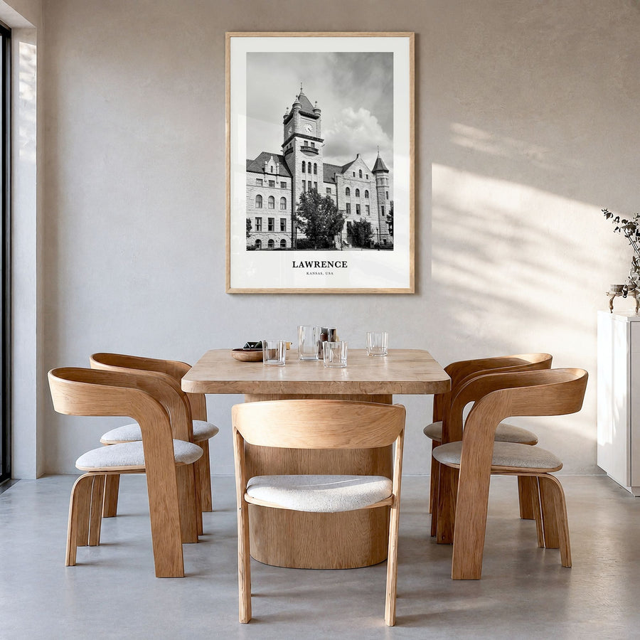 Lawrence, Kansas Classic Poster in a natural wood frame, hanging in a dining room