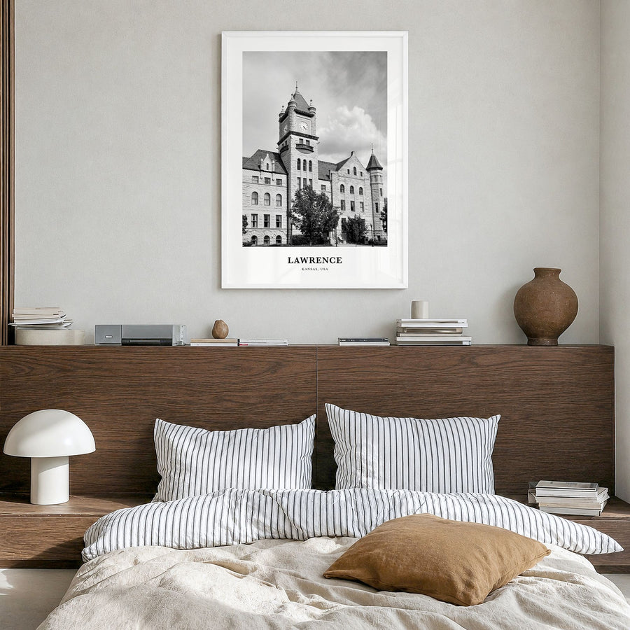 Lawrence, Kansas Classic Poster in a white wood frame, hanging in a bedroom