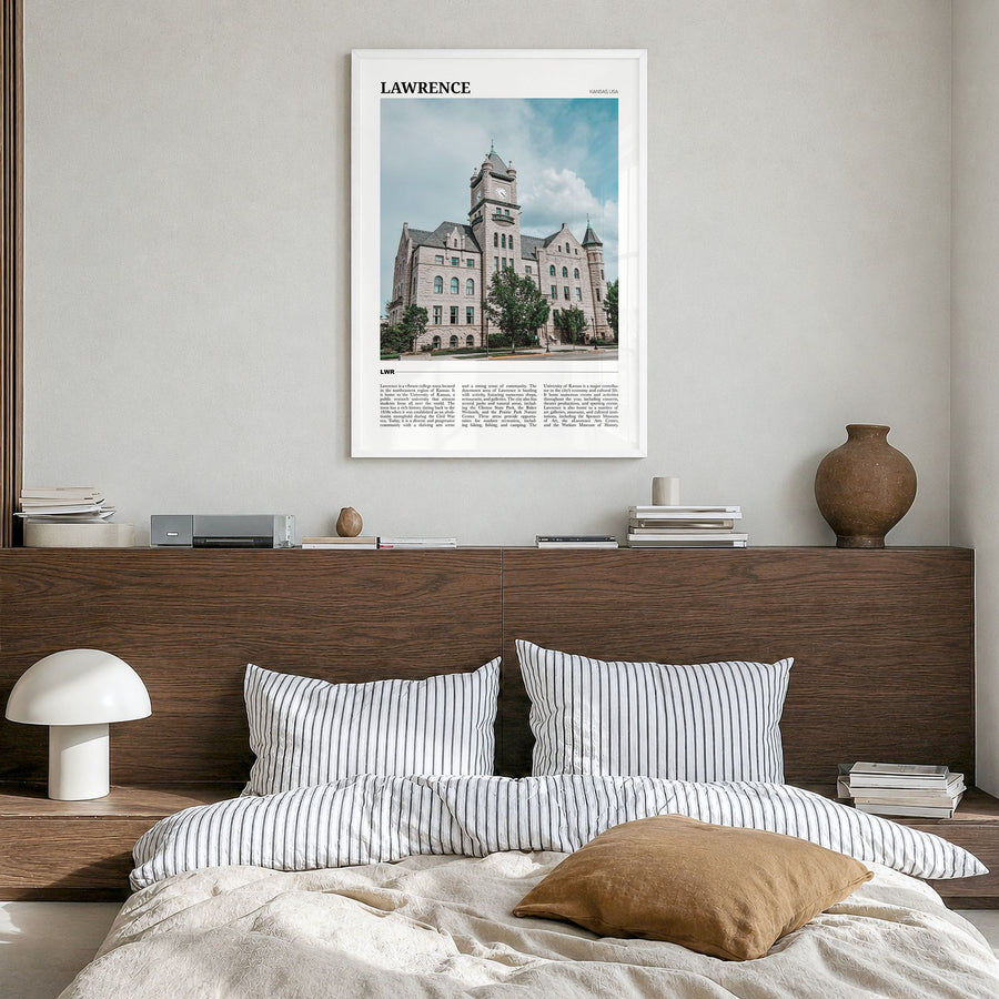 Lawrence, Kansas Travel Poster in a white wood frame, hanging in a bedroom