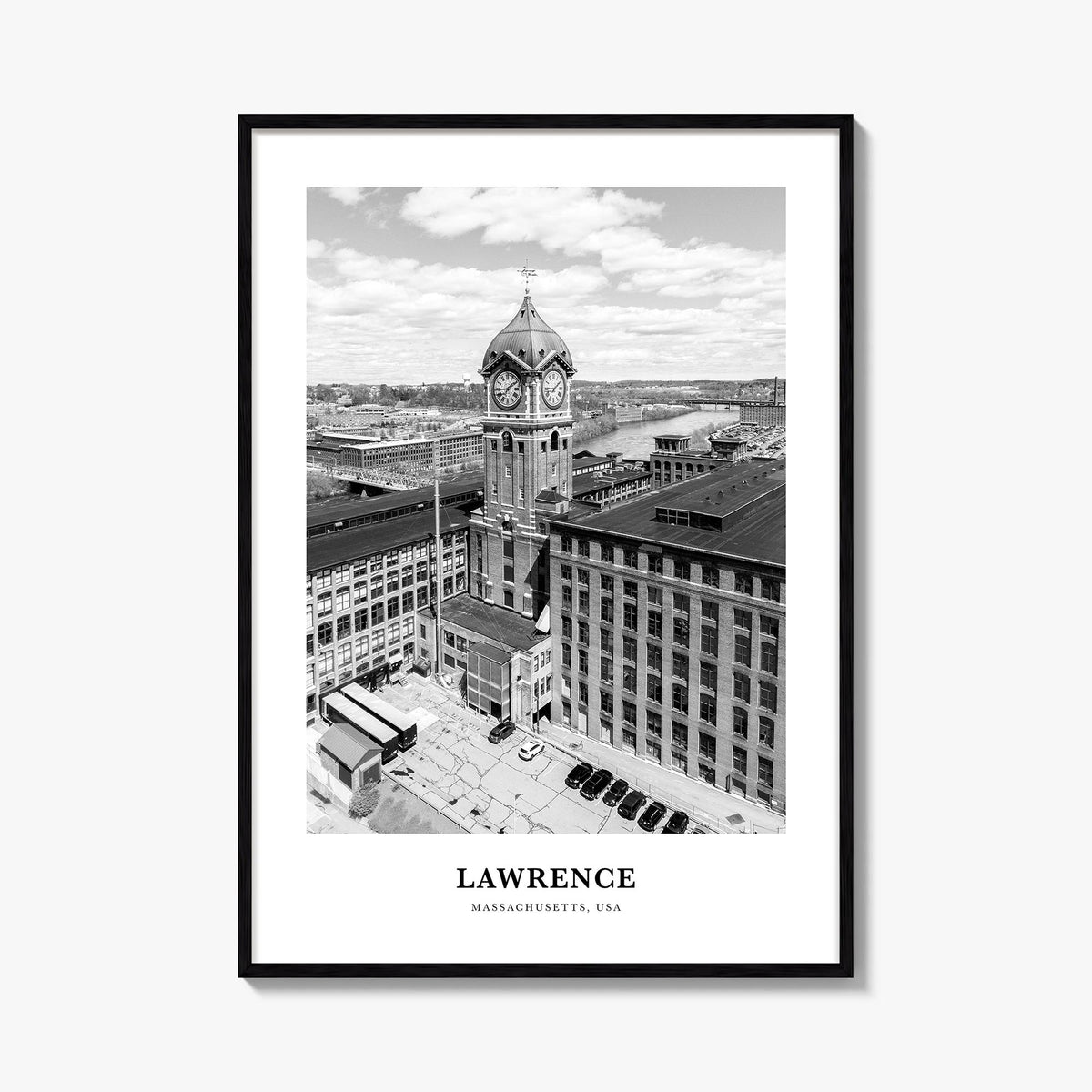 Lawrence, Massachusetts black & white classic poster of Massachusetts, USA – vertical wall art, unframed print shown in inter