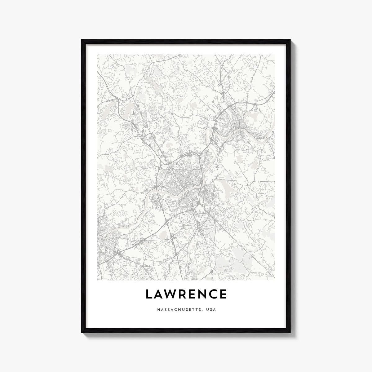 Lawrence, Massachusetts black & white map poster of Massachusetts, USA – vertical wall art, unframed print shown in interior 