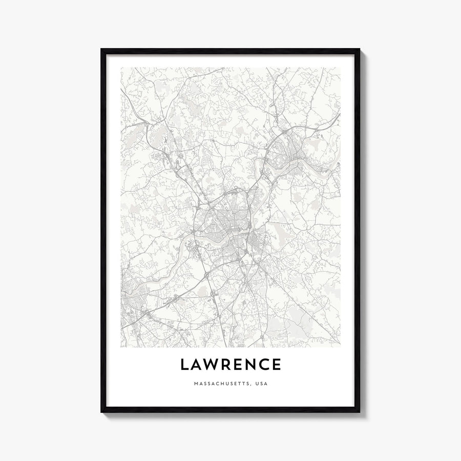 Lawrence, Massachusetts black & white map poster of Massachusetts, USA – vertical wall art, unframed print shown in interior 