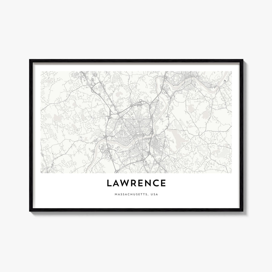Lawrence, Massachusetts black & white map poster of Massachusetts, USA – horizontal wall art, unframed print shown in interio
