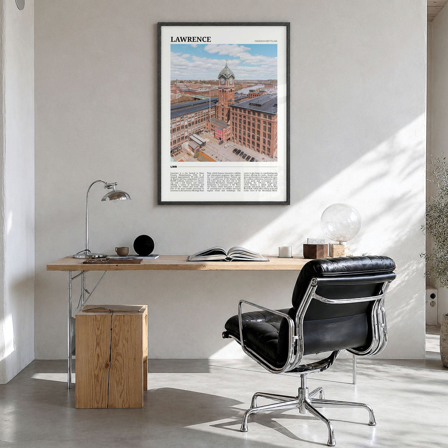 Lawrence, Massachusetts Travel Poster in a black wood frame, hanging in a bright home office