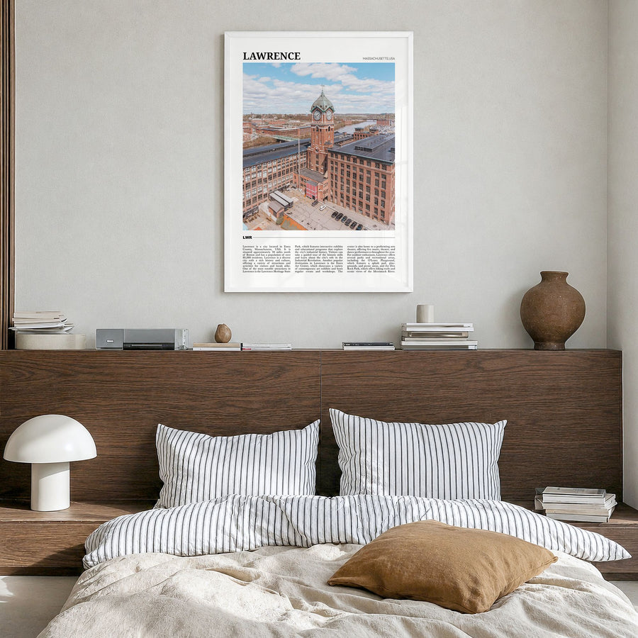 Lawrence, Massachusetts Travel Poster in a white wood frame, hanging in a bedroom