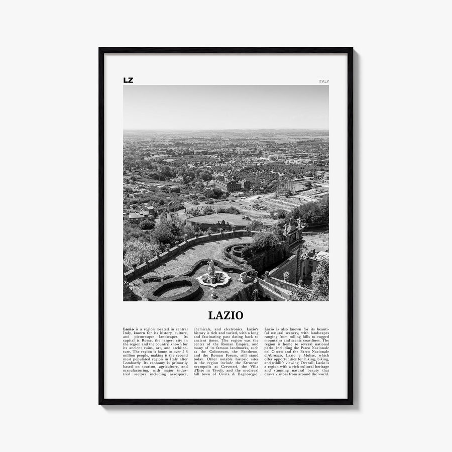 Lazio black & white newspaper poster of Italy – vertical wall art, unframed print shown in interior mockup