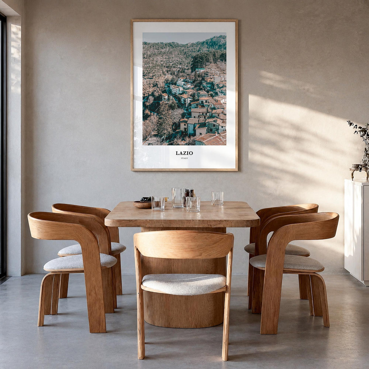Lazio colorful classic poster of Italy – vertical wall art in natural wood frame, hanging on wall