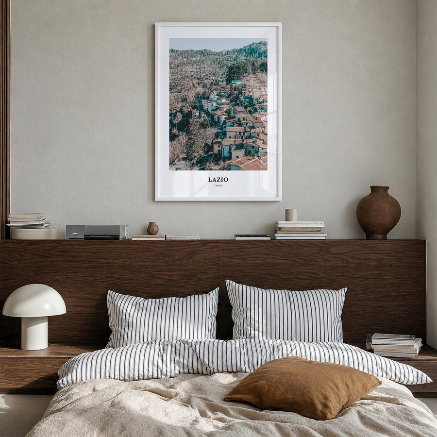 Lazio colorful classic poster of Italy – vertical wall art in white wood frame, hanging on wall