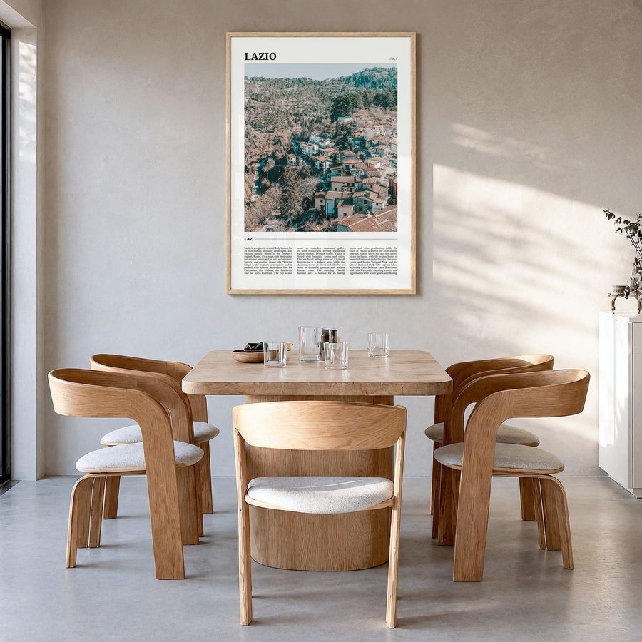 Lazio Travel Poster in a natural wood frame, hanging in a dining room