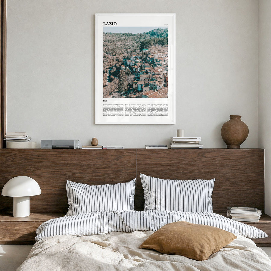 Lazio Travel Poster in a white wood frame, hanging in a bedroom