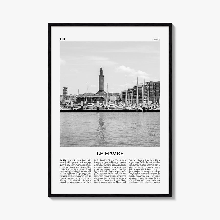 Le Havre black & white newspaper poster of France – vertical wall art, unframed print shown in interior mockup