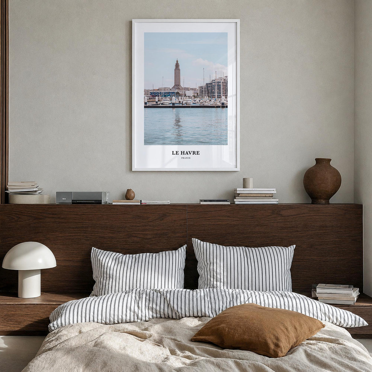 Le Havre colorful classic poster of France – vertical wall art in white wood frame, hanging on wall
