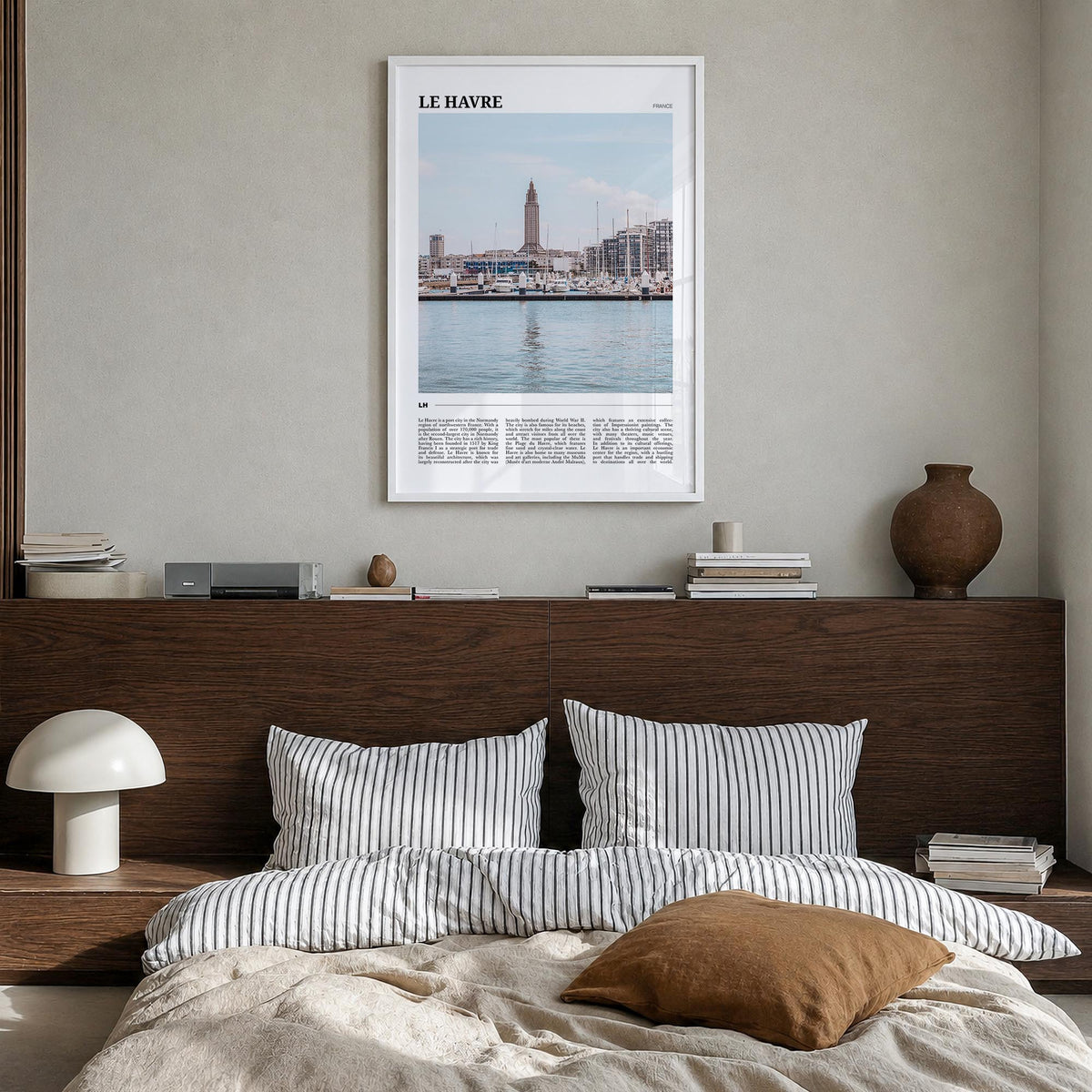 Le Havre colorful travel poster of France – vertical wall art in white wood frame, hanging on wall