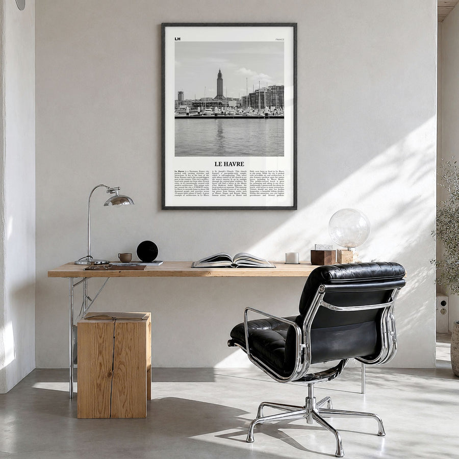 Le Havre Newspaper Poster in a black wood frame, hanging in a bright home office