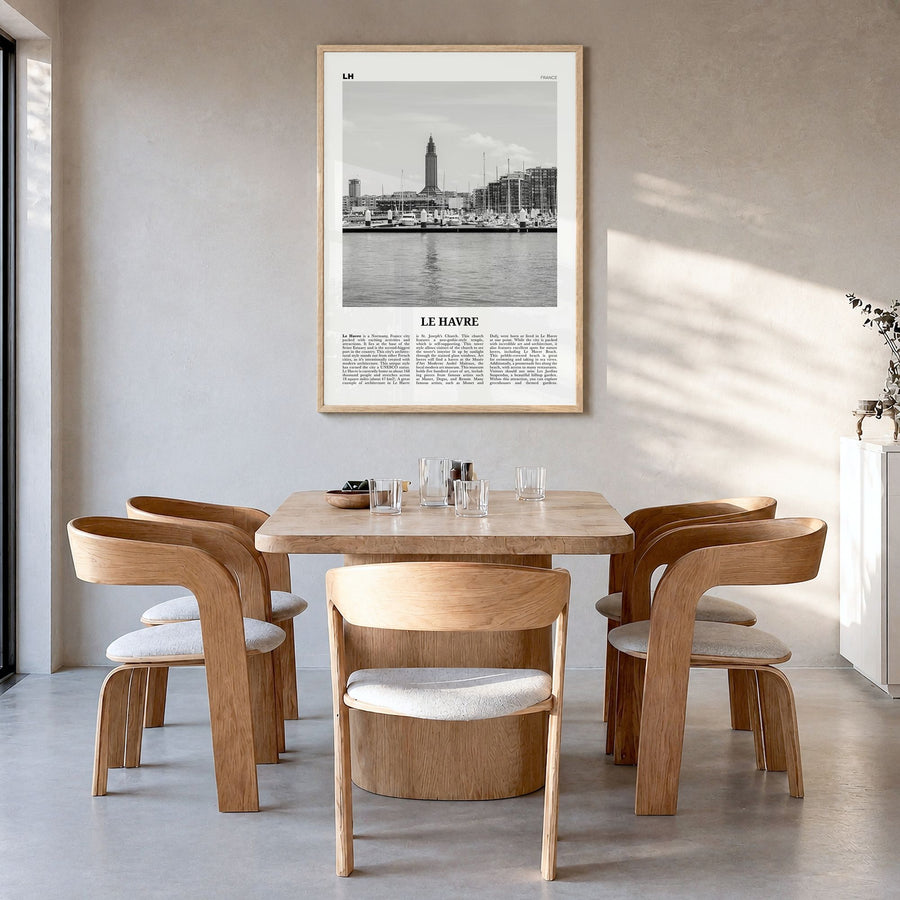Le Havre Newspaper Poster in a natural wood frame, hanging in a dining room