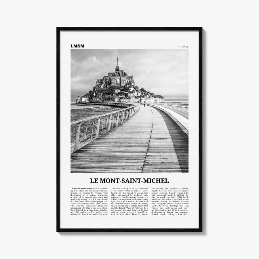 Le Mont-Saint-Michel black & white newspaper poster of France – vertical wall art, unframed print shown in interior mockup