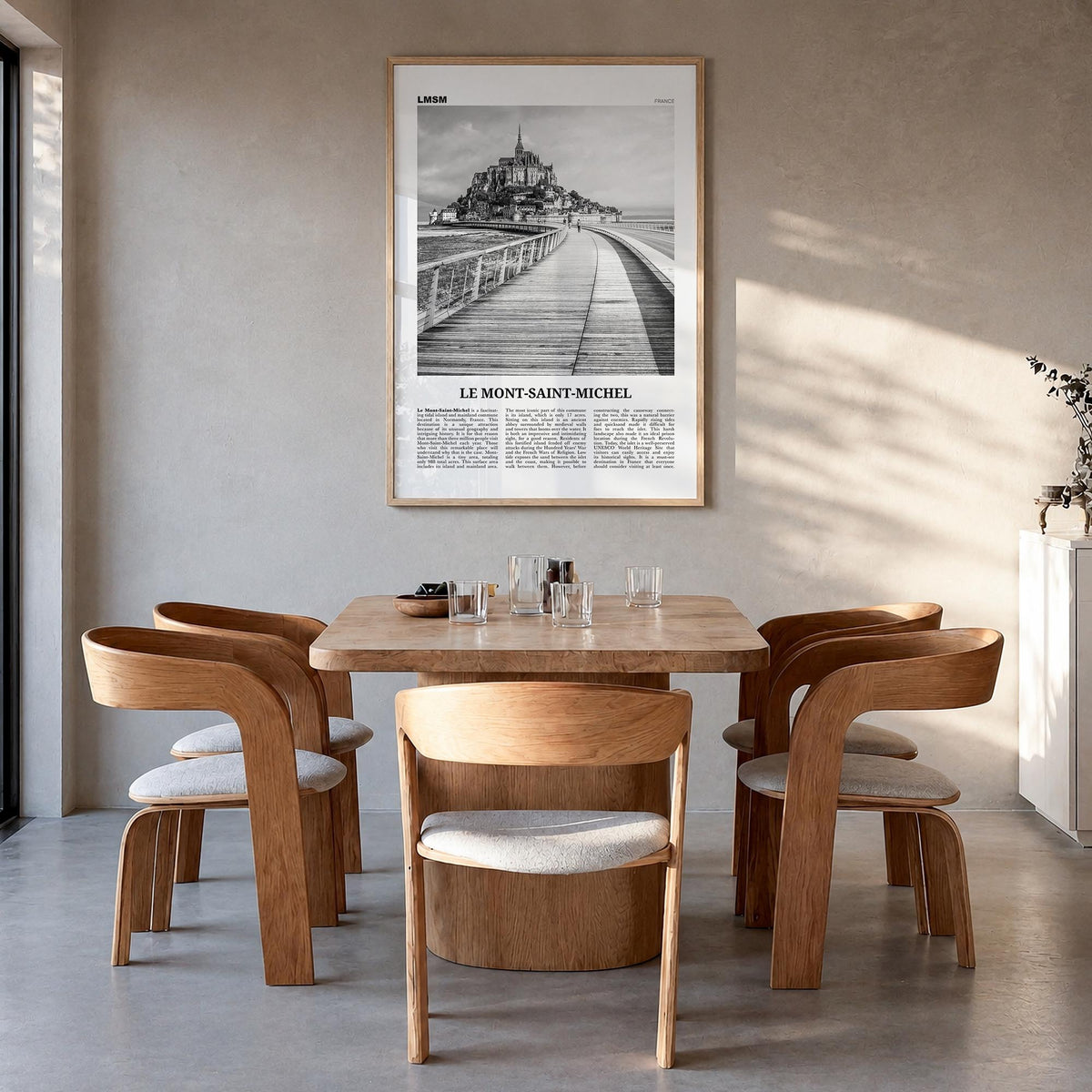Le Mont-Saint-Michel black & white newspaper poster of France – vertical wall art in natural wood frame, hanging on wall
