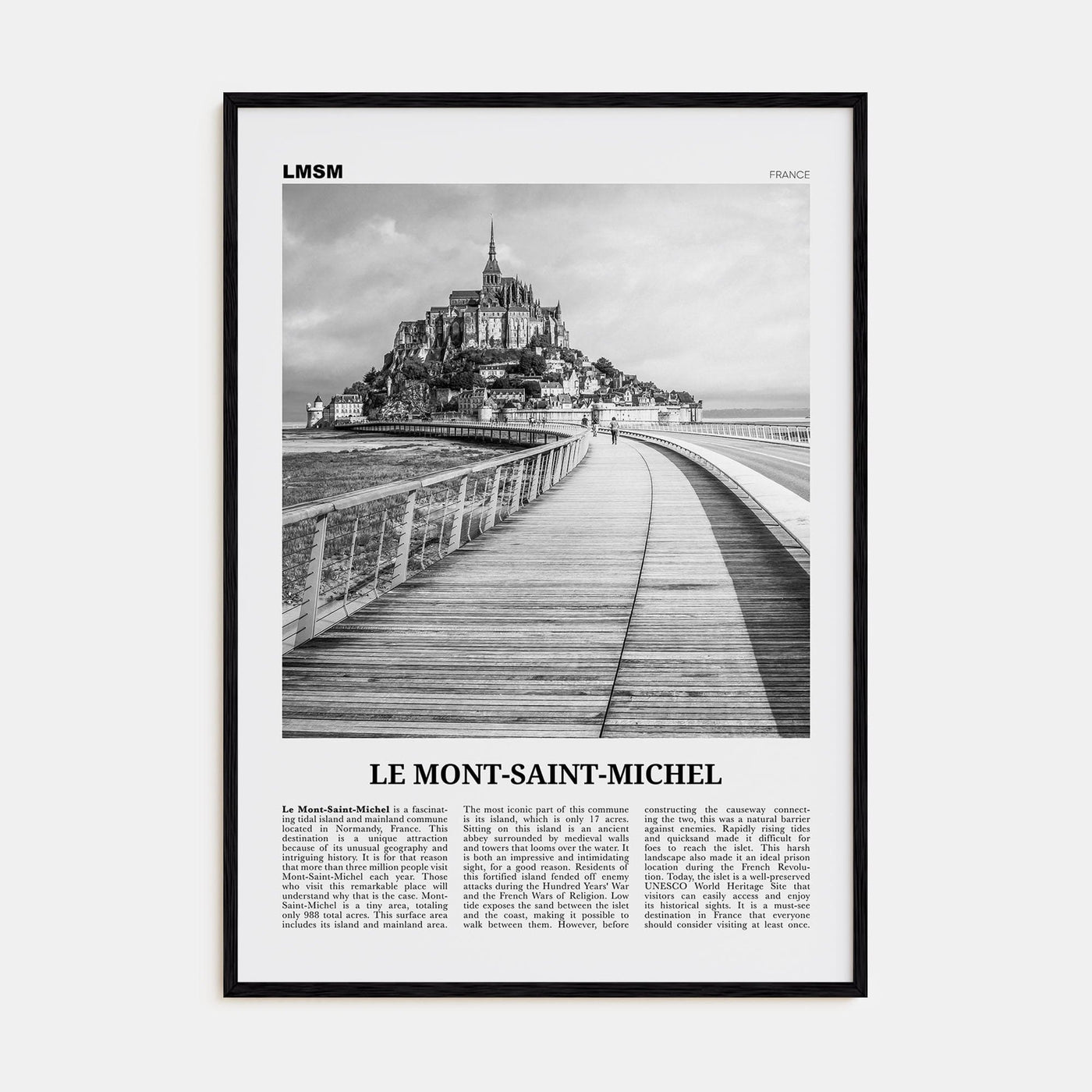 Le Mont-Saint-Michel Poster Black Wood / 8x12 in Nbourhood Travel B&W Poster