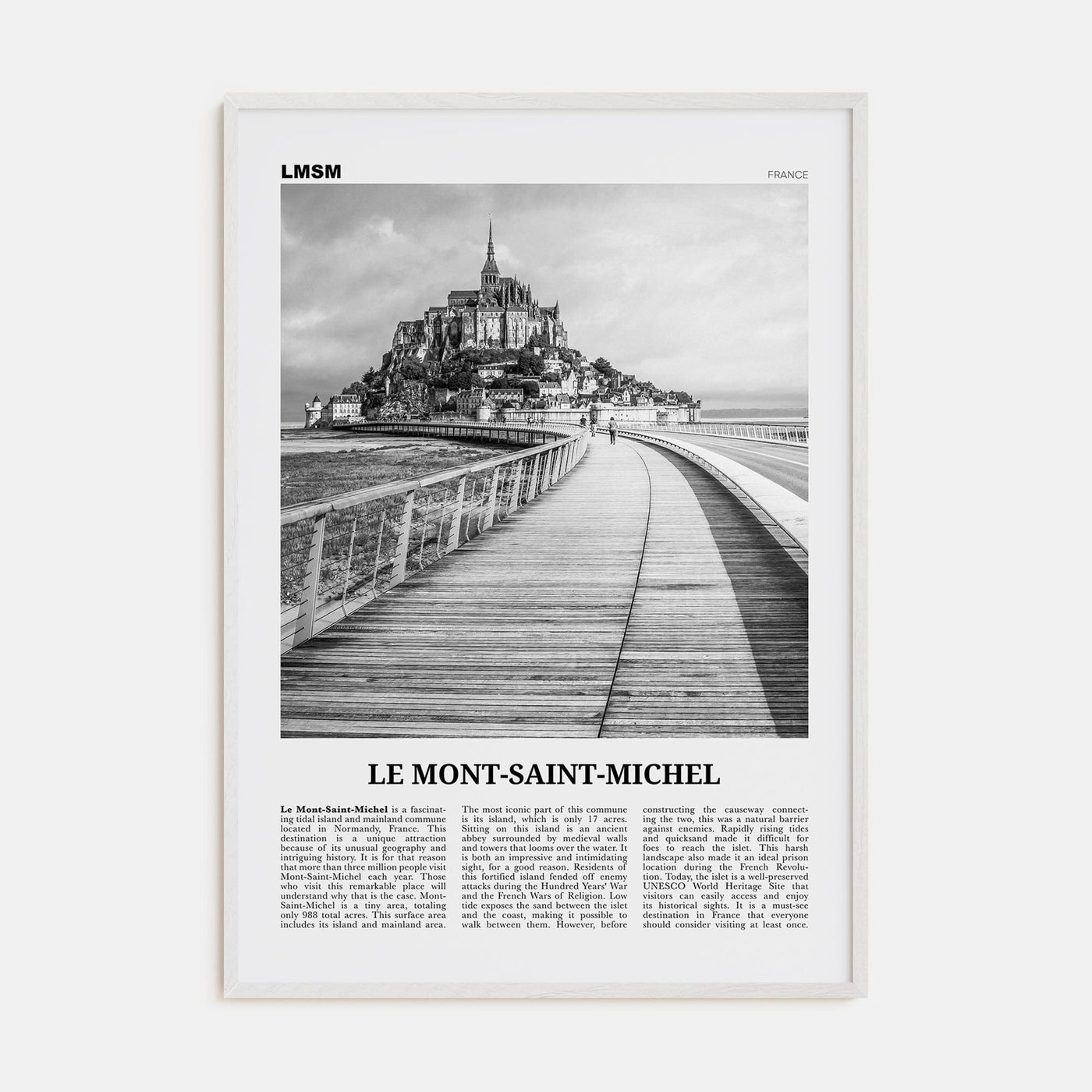 Le Mont-Saint-Michel Poster White Wood / 8x12 in Nbourhood Travel B&W Poster