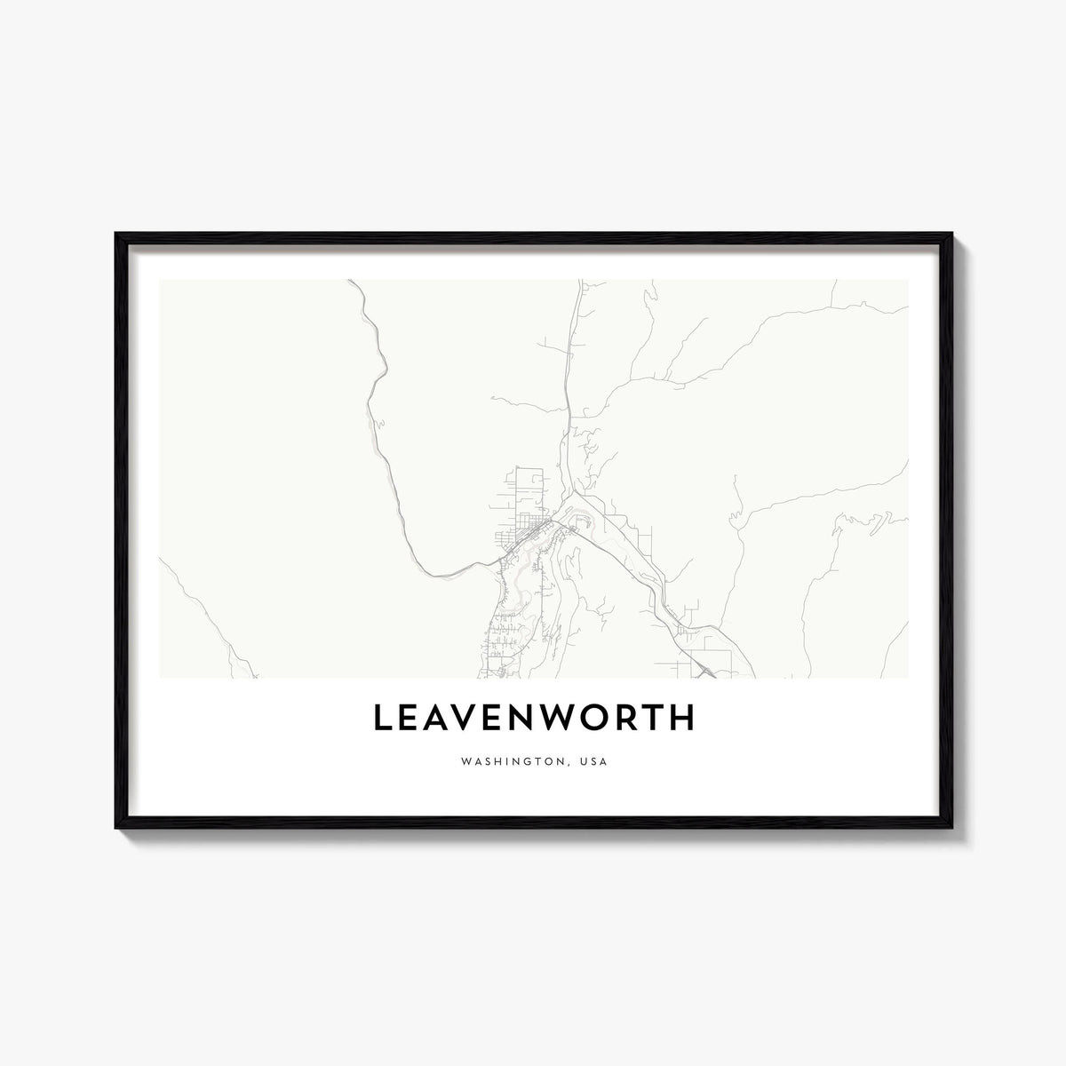 Leavenworth black & white map poster of Washington, USA – horizontal wall art, unframed print shown in interior mockup
