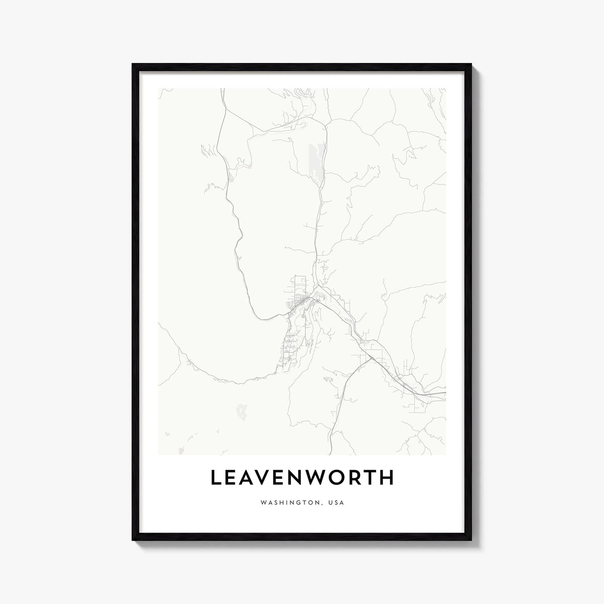 Leavenworth black & white map poster of Washington, USA – vertical wall art, unframed print shown in interior mockup