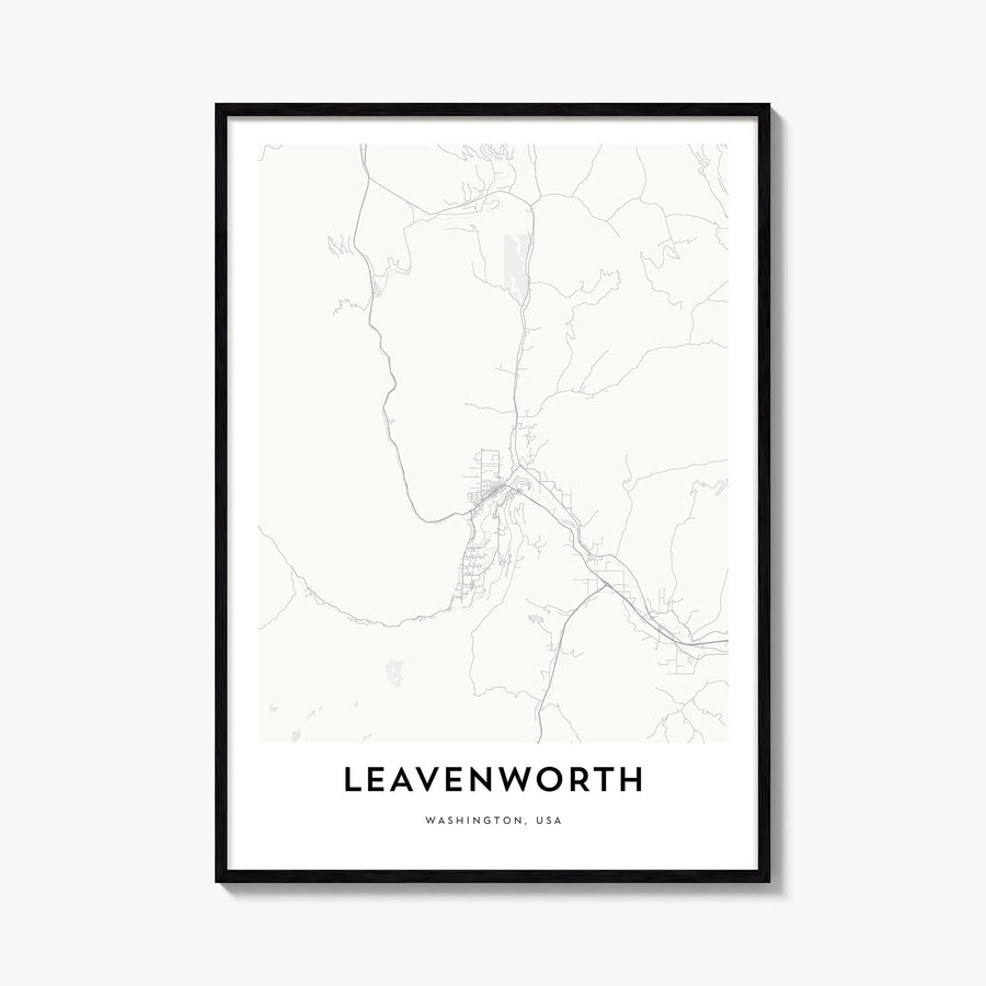 Leavenworth black & white map poster of Washington, USA – vertical wall art, unframed print shown in interior mockup