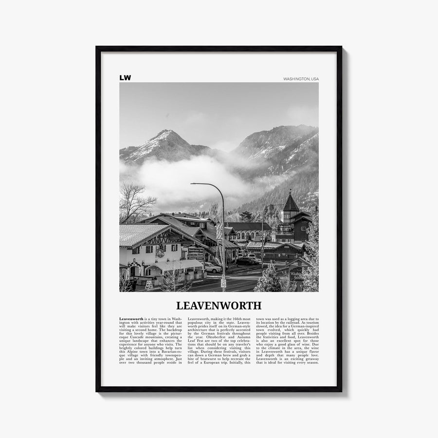 Leavenworth black & white newspaper poster of Washington, USA – vertical wall art, unframed print shown in interior mockup
