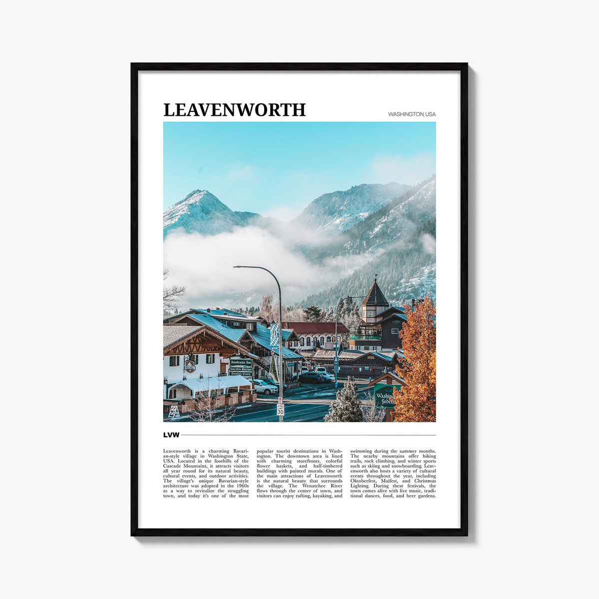 Leavenworth colorful travel poster of Washington, USA – vertical wall art, unframed print shown in interior mockup