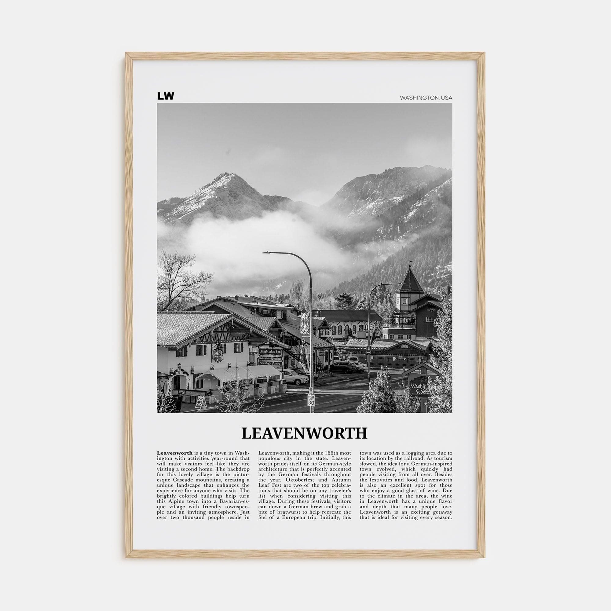 Leavenworth Poster Natural Wood / 8x12 in Nbourhood Travel B&W Poster