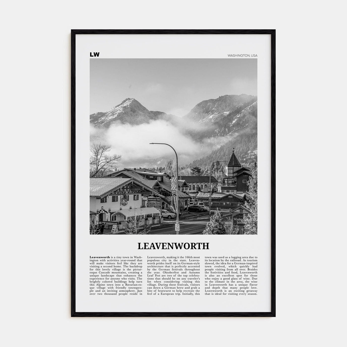 Leavenworth Poster Black Wood / 8x12 in Nbourhood Travel B&W Poster