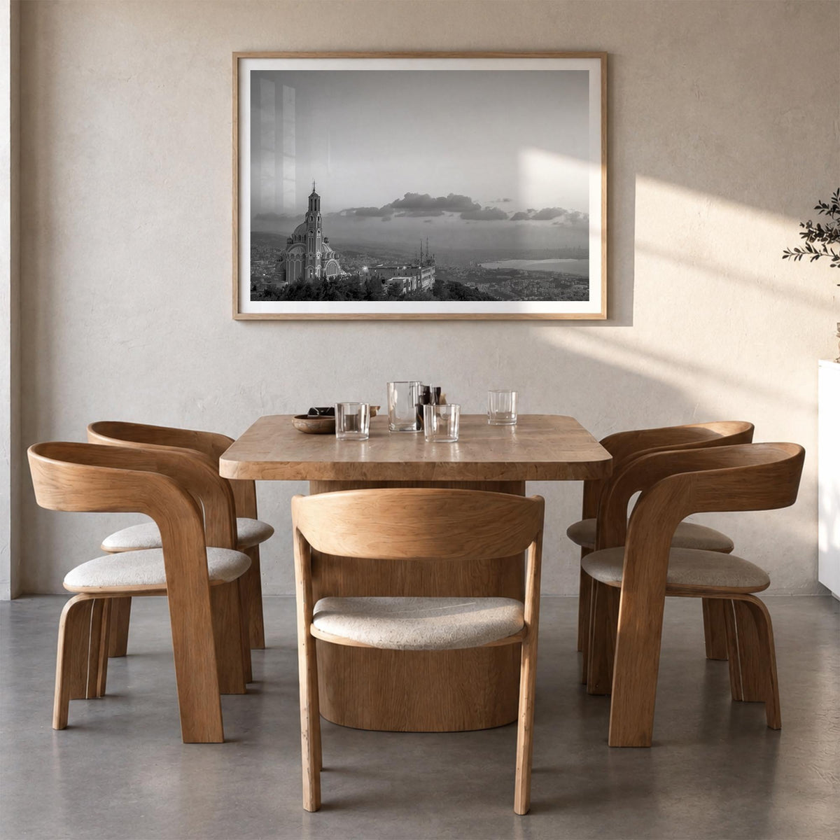 Lebanon black & white photo poster of Asia – horizontal wall art in natural wood frame with white border, hanging on wall