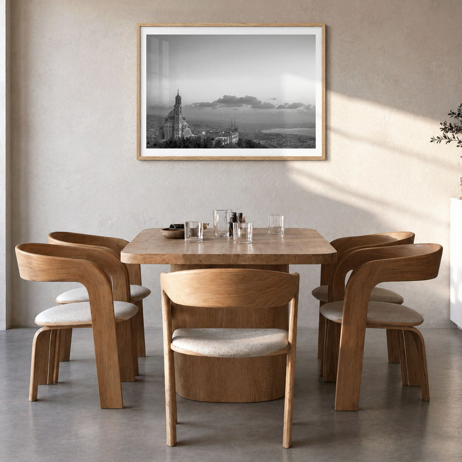 Lebanon Photo Poster in a natural wood frame, hanging in a dining room, white border