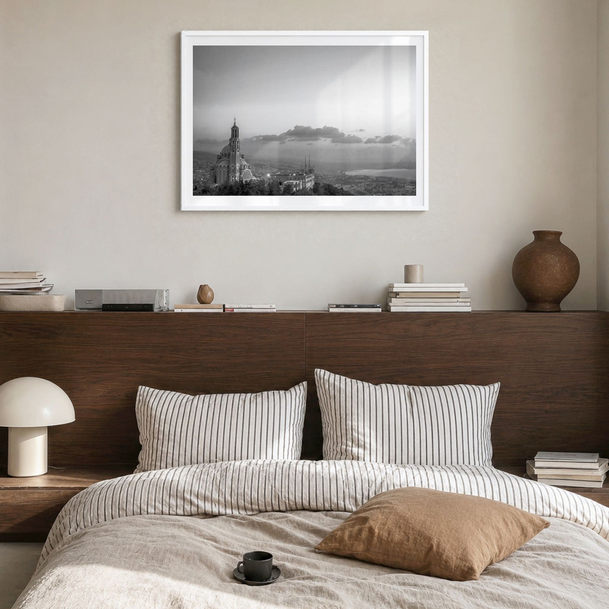 Lebanon Photo Poster in a white wood frame, hanging in a bedroom, white border