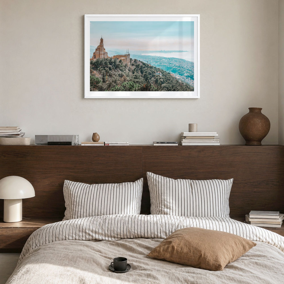 Lebanon Photo Poster in a white wood frame, hanging in a bedroom, white border